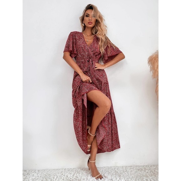 polka dot Short Sleeve Ruffle Hem Belted maxi Dress red - Picture 3 of 6